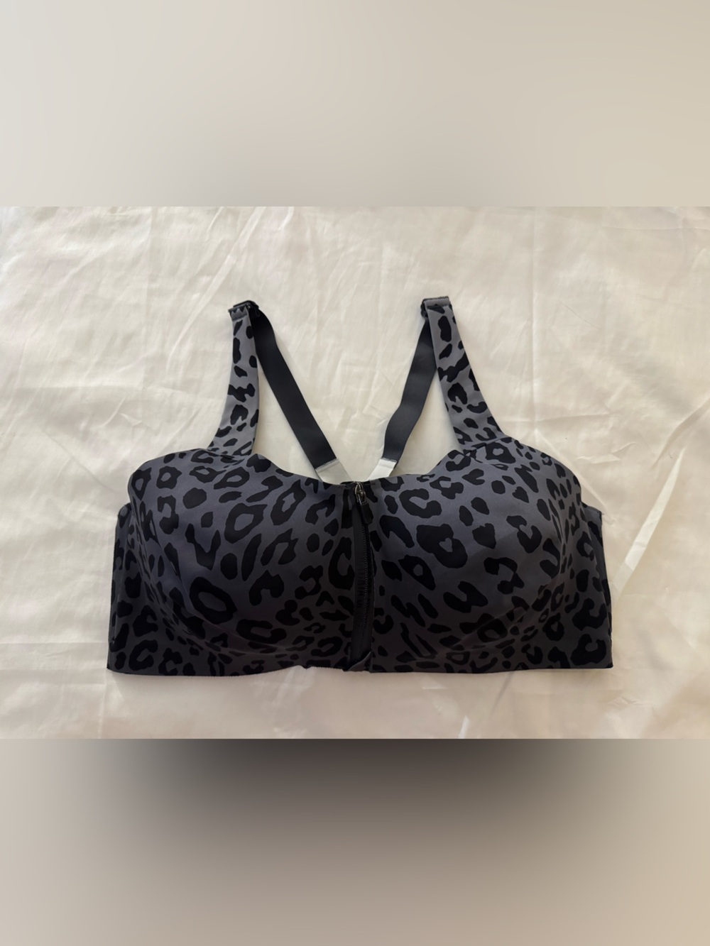 Leopard Print Front-Zip Sports Bra in Black & Charcoal
